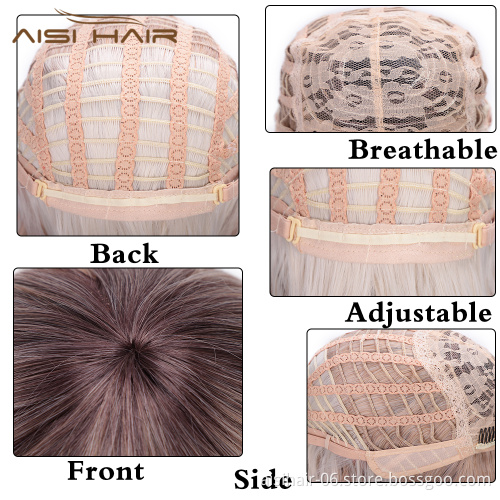 Aisi Hair Ombre Blonde Short Bob Wigs High Temperature Fiber Natural Wave Short Bob Wigs with Neat Bangs for Women
